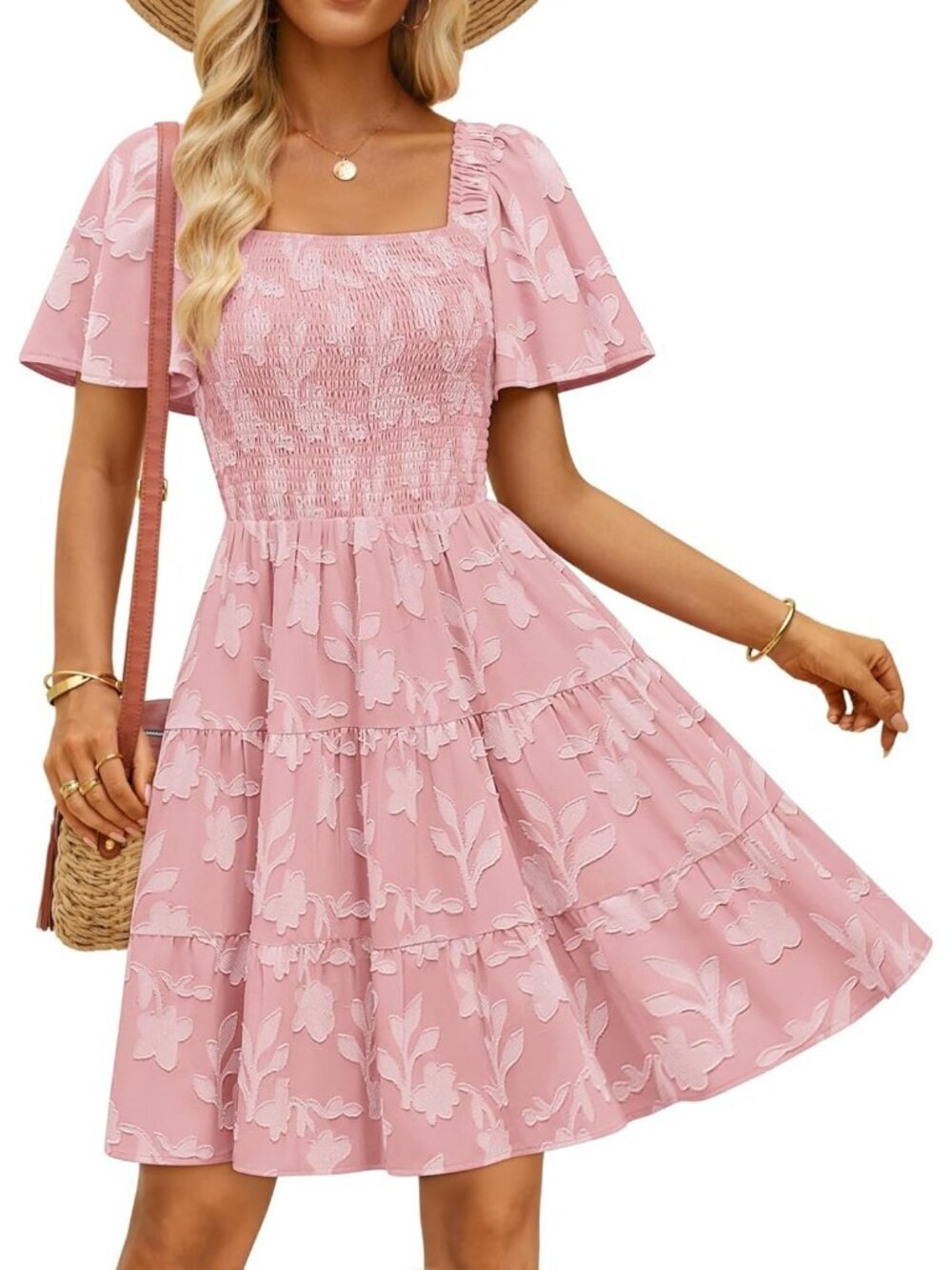 Women's Pink Casual Short Sleeve Square Neck Summer Boho Floral Mini Dress
